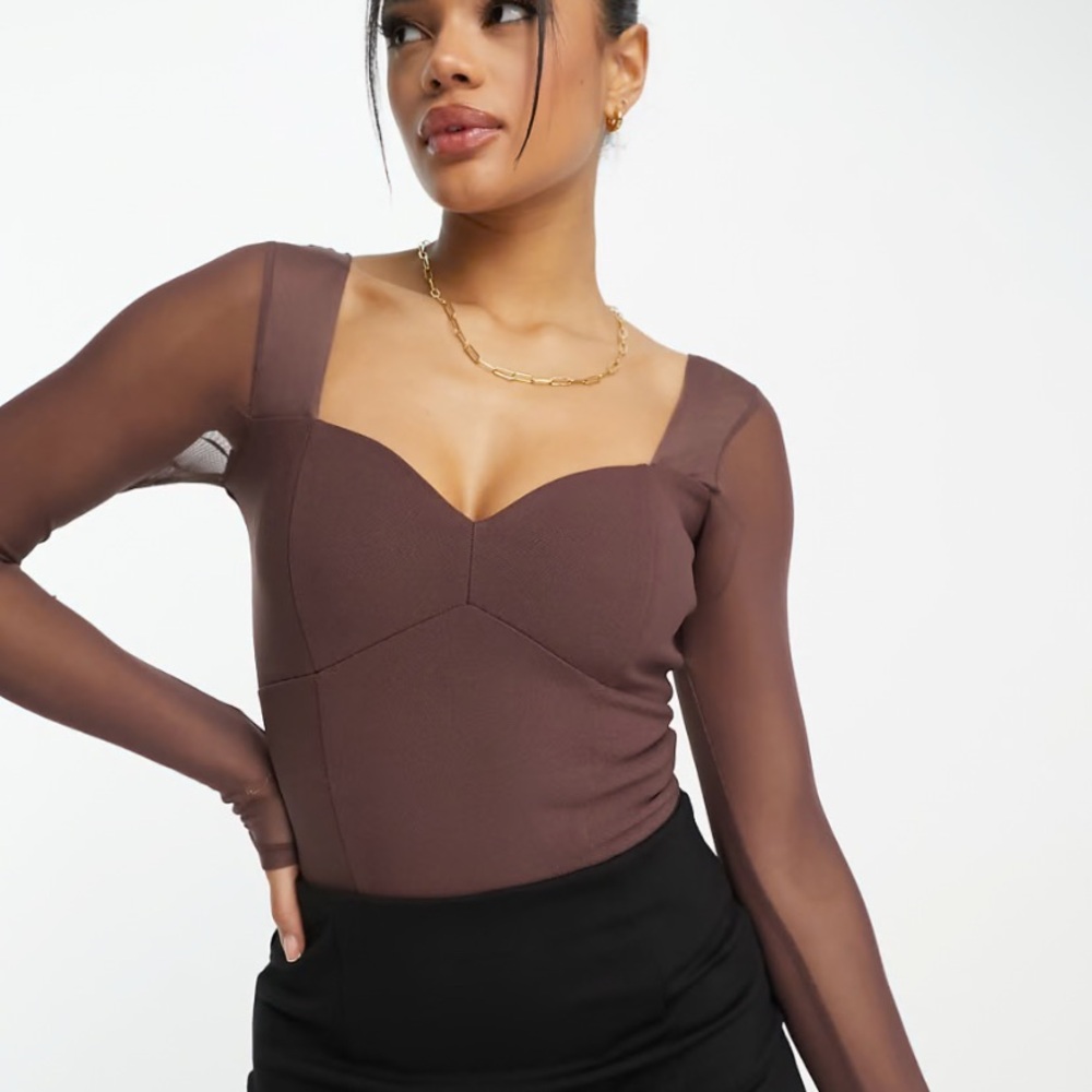 Abercrombie & Fitch Brown Fitted Long Sleeve Mesh Bodysuit Sweatheart Neckline